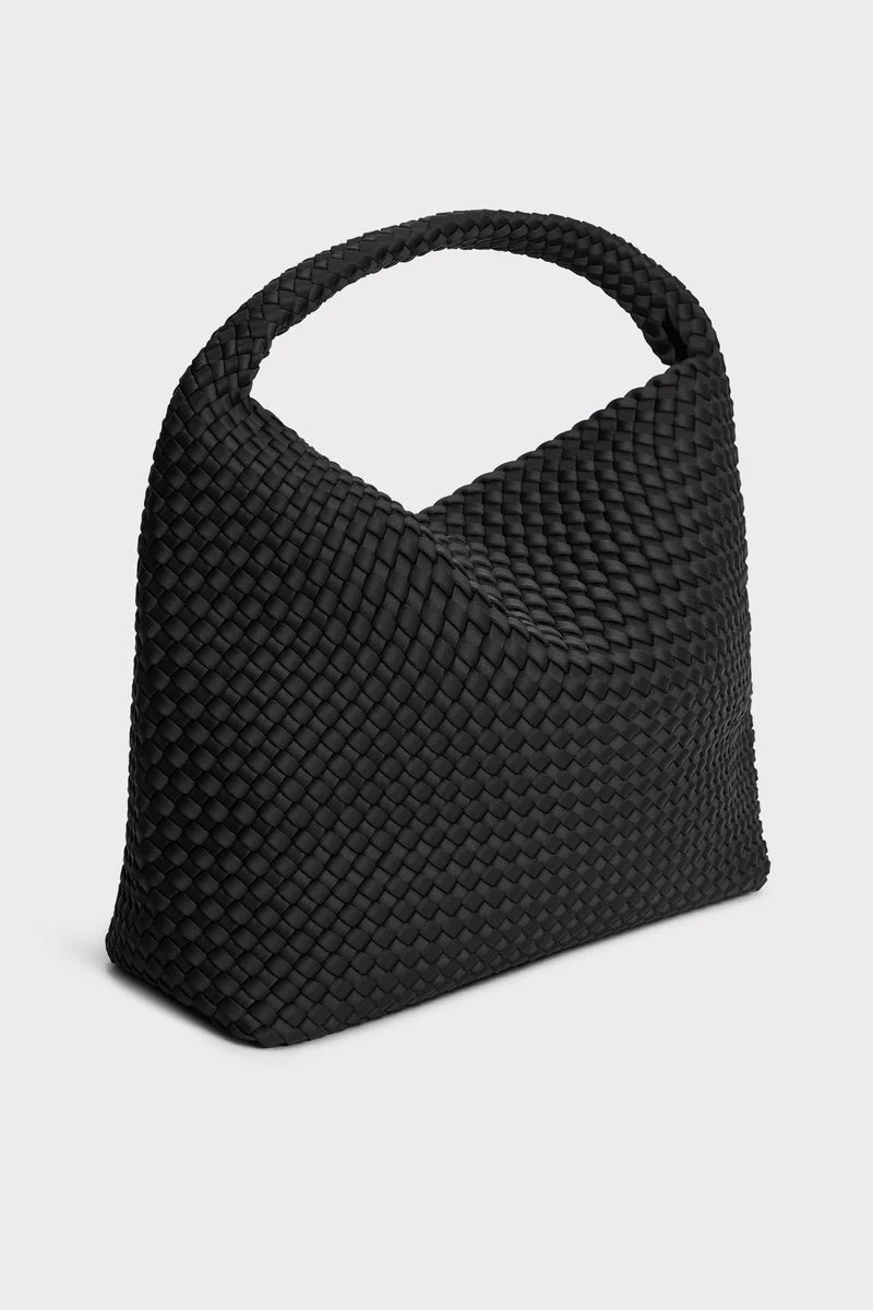 A black woven leather shoulder bag with a curved top handle, shown on a light gray background.