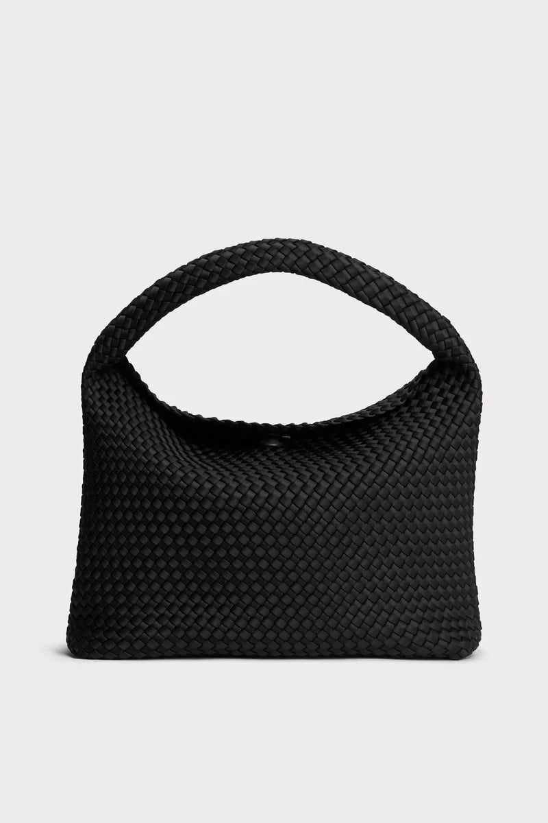 A black woven leather shoulder bag with a single integrated handle, shown against a light gray studio background.