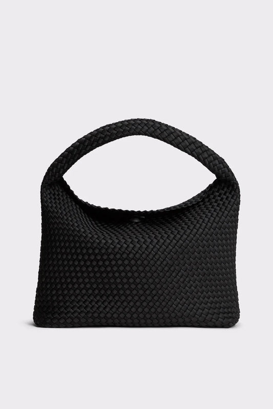 A black woven leather shoulder bag with a single integrated handle, shown against a light gray studio background.