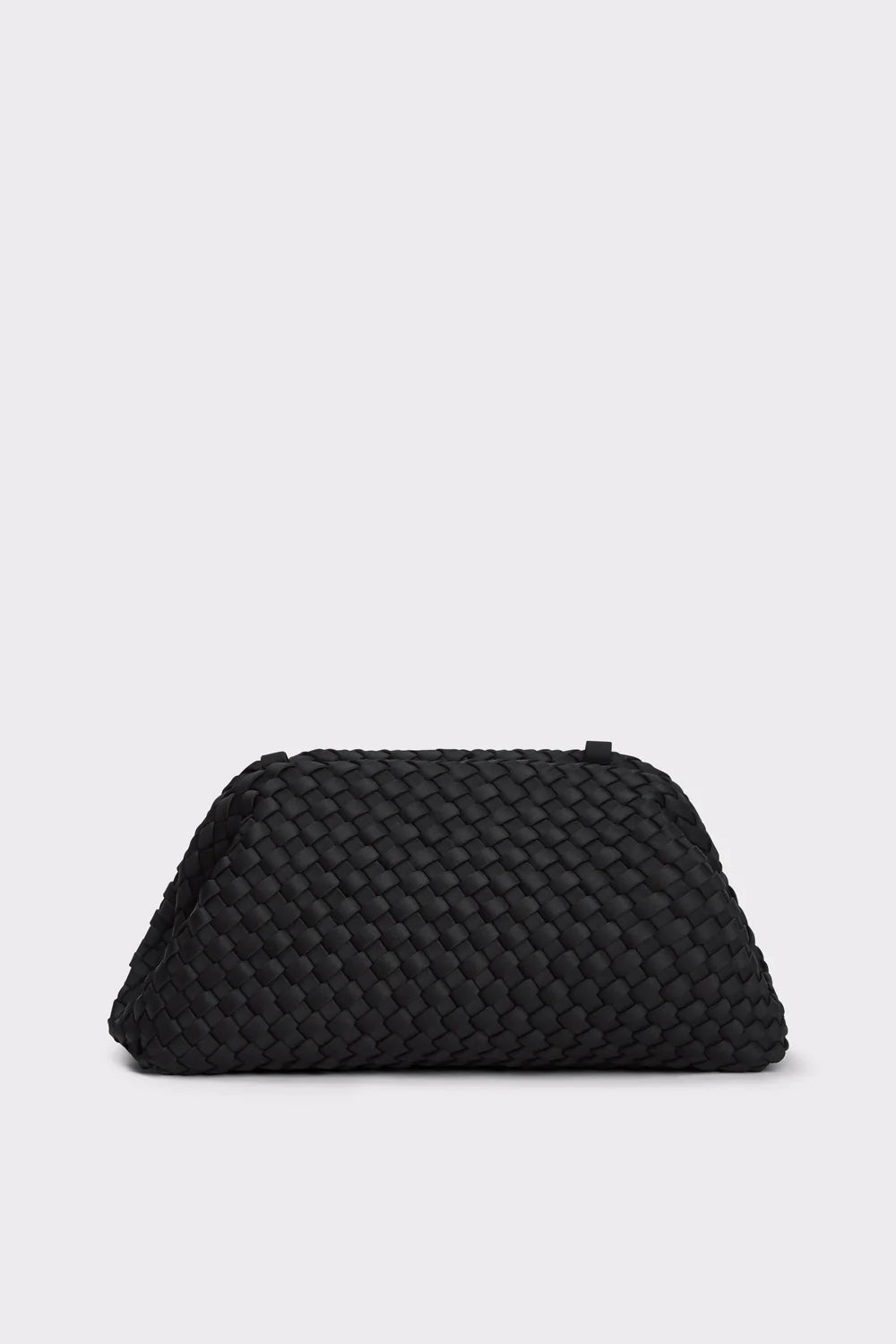 A black woven leather pouch with a textured basketweave pattern, photographed against a solid light gray background.