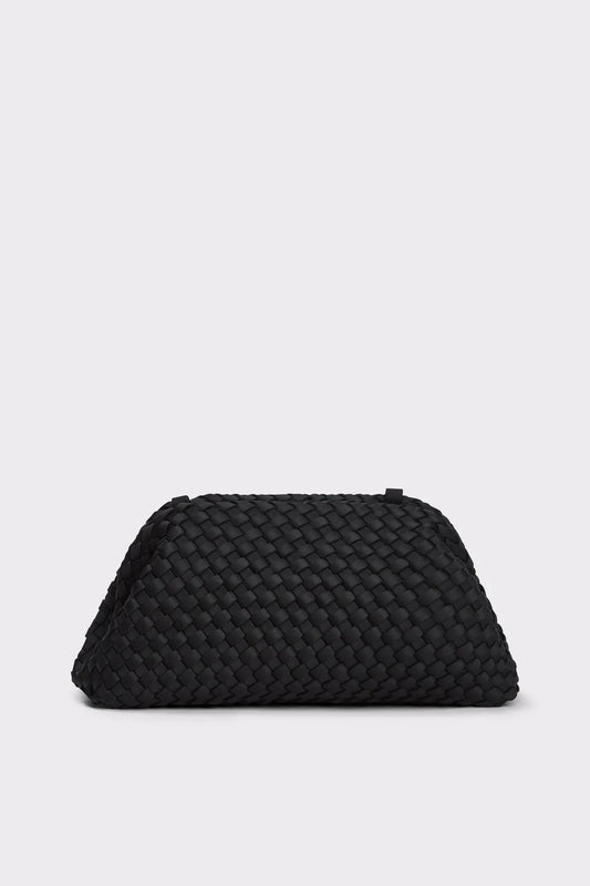 A black woven leather pouch with a textured basketweave pattern, photographed against a solid light gray background.