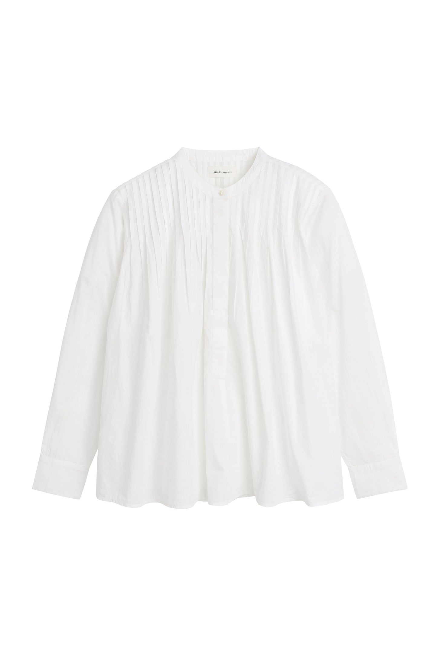 A white long-sleeve blouse with vertical pleats on the front, displayed flat against a solid white background.