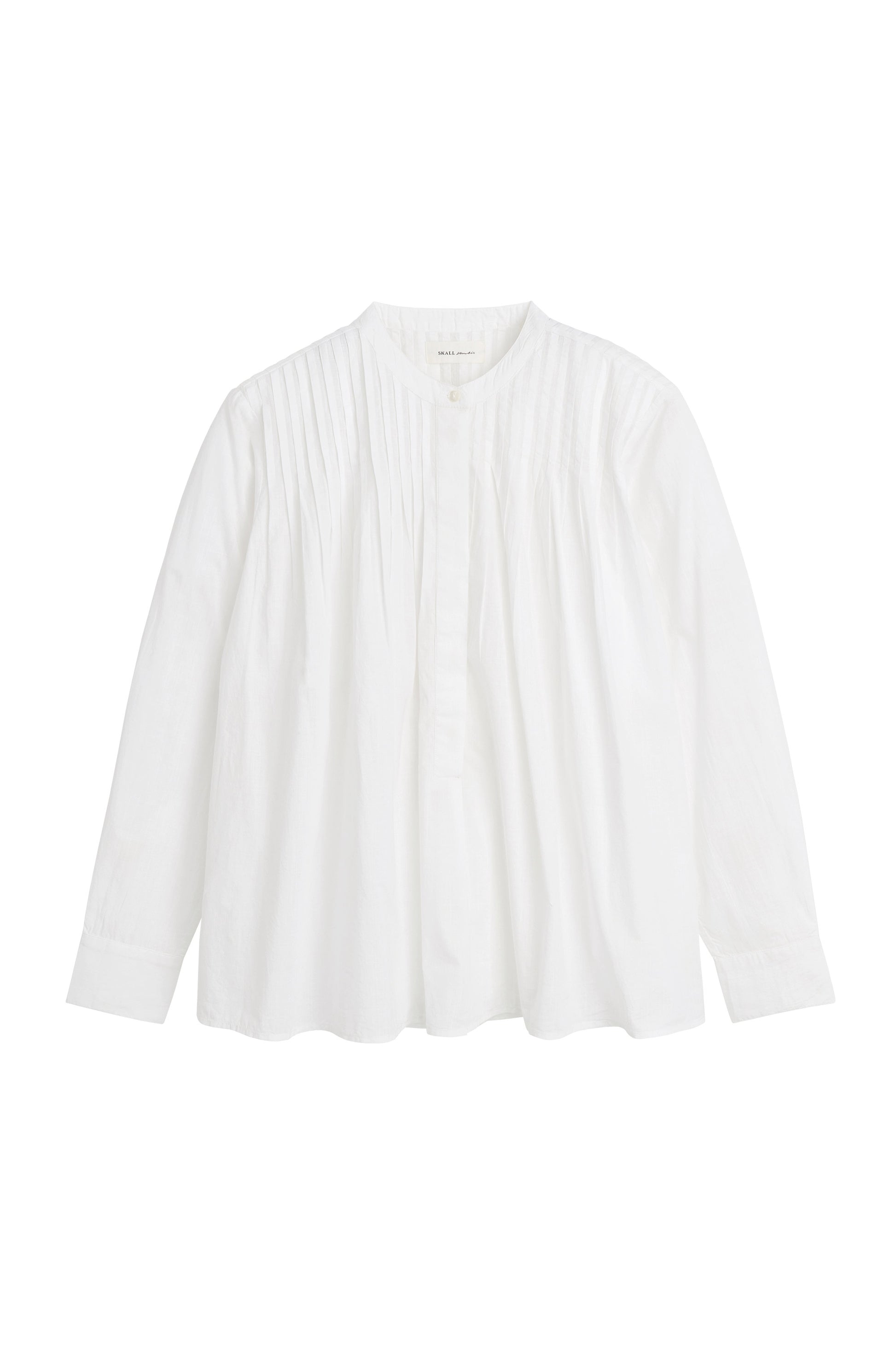 A white long-sleeve blouse with vertical pleats on the front, displayed flat against a solid white background.