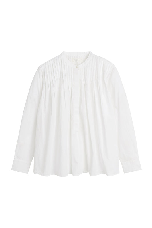 A white long-sleeve blouse with vertical pleats on the front, displayed flat against a solid white background.