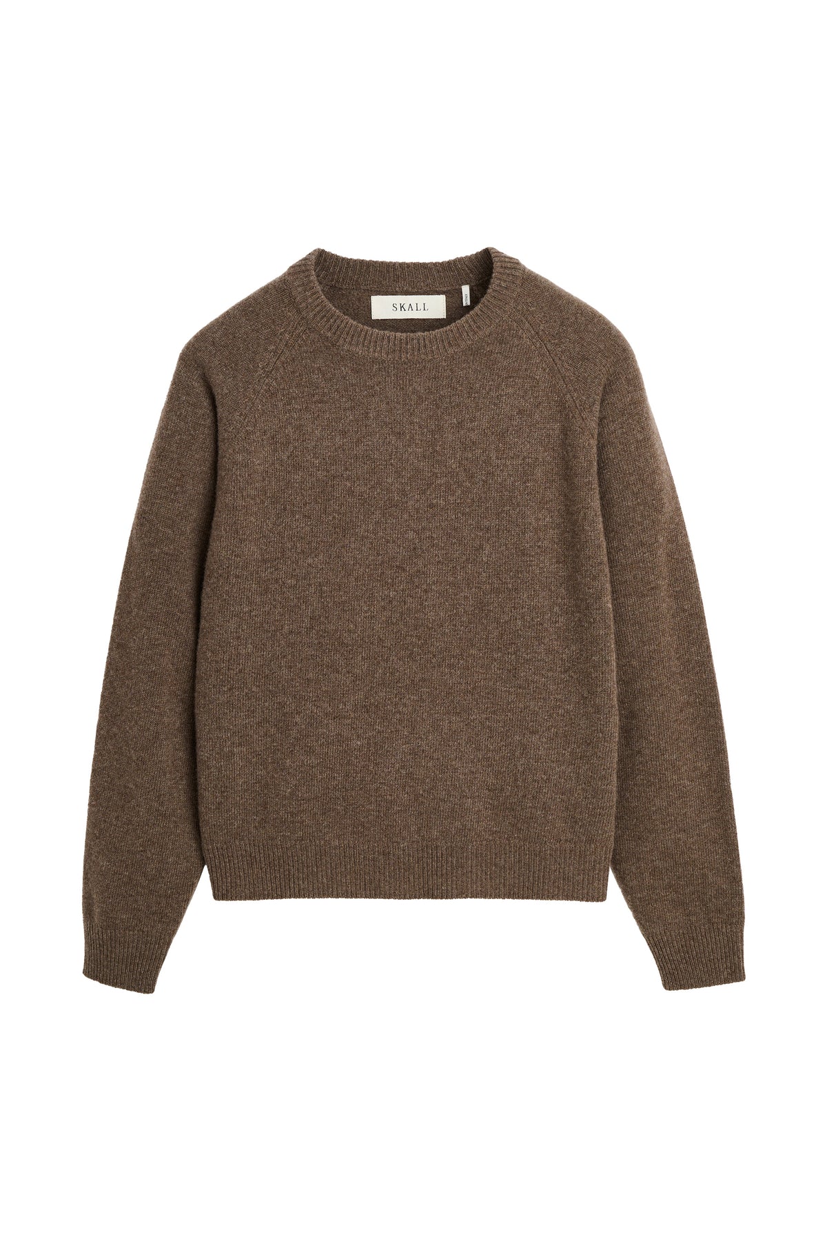 A brown knit crewneck sweater with long sleeves, displayed flat against a solid white background.