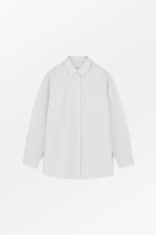 White shirt with thin black stripes on a white background