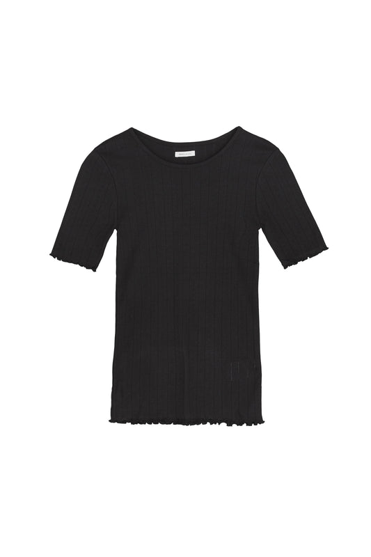 A black short-sleeve ribbed knit top with a boat neckline and raw, frayed edges, displayed flat against a solid white background.