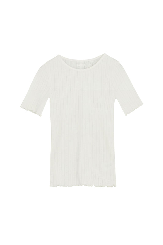 An off-white short-sleeve ribbed knit top with a boat neckline and raw, frayed edges, displayed flat against a solid white background.