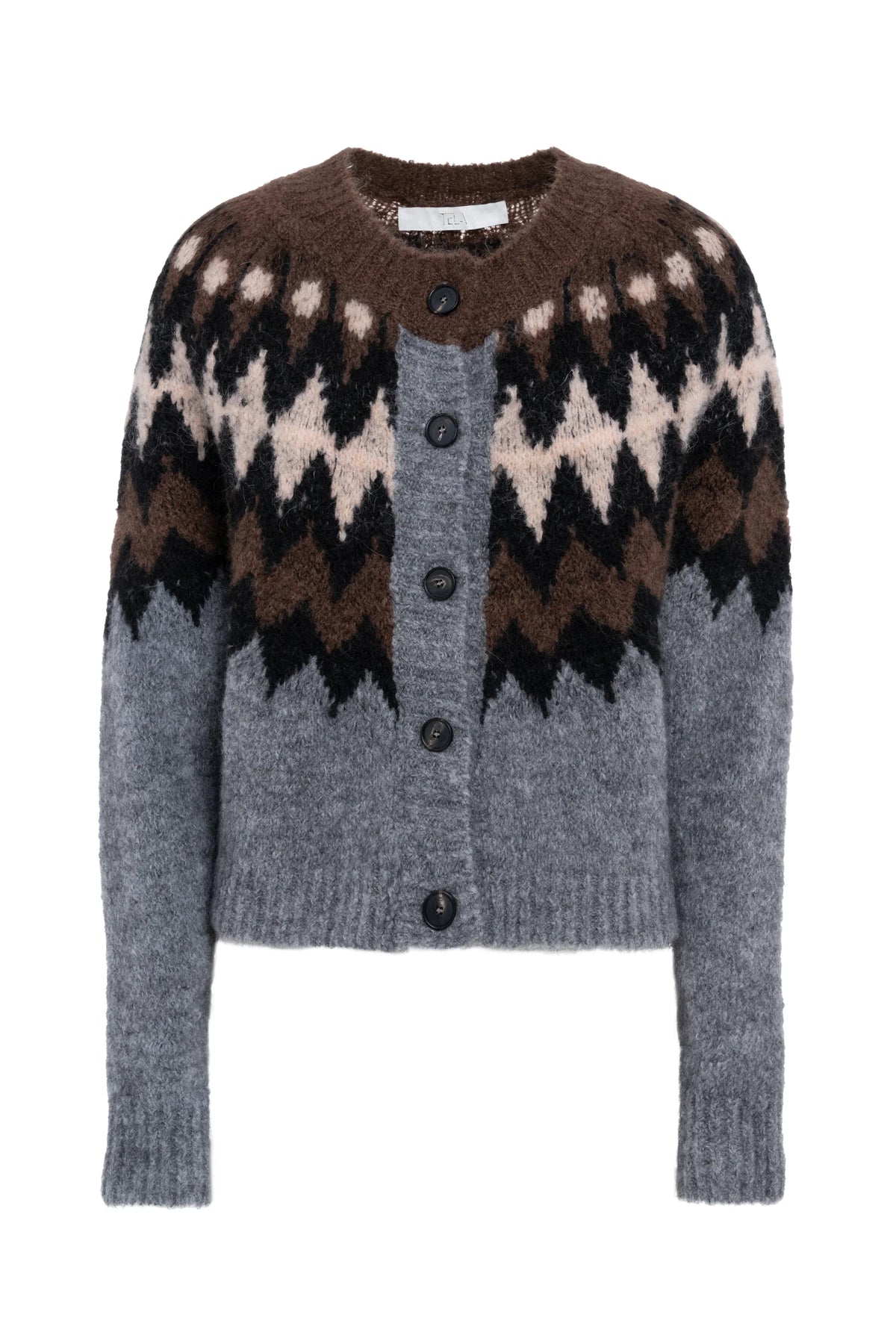 Cardigan with a patterned design on a white background