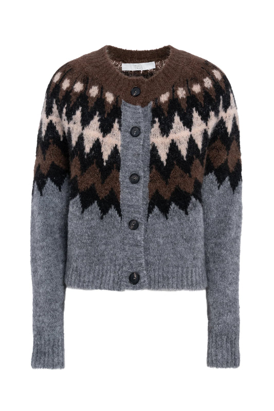 Cardigan with a patterned design on a white background