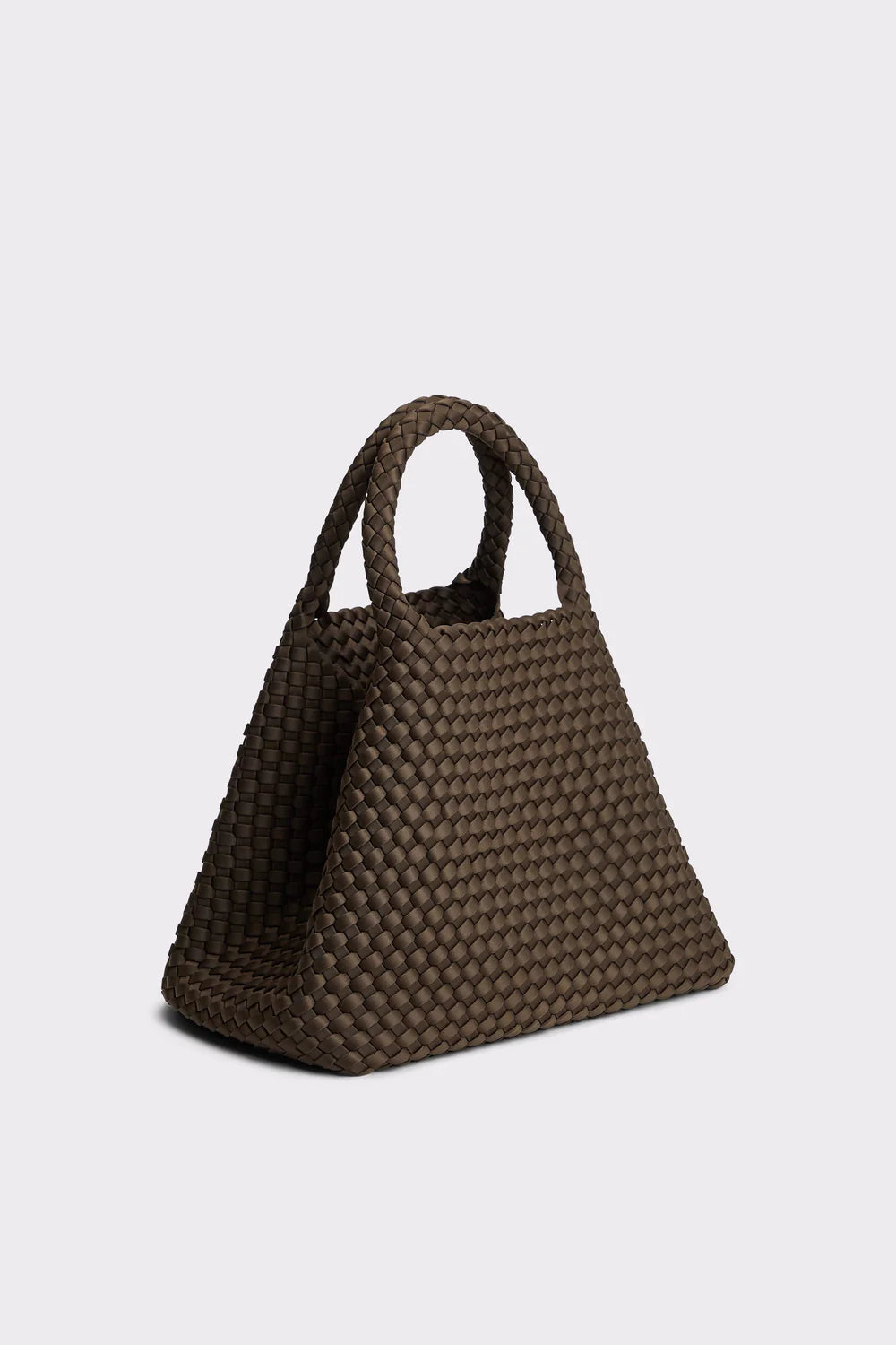 Brown woven handbag on a light gray background