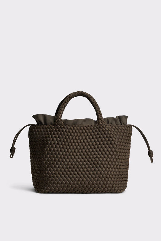 Brown woven handbag on a light gray background