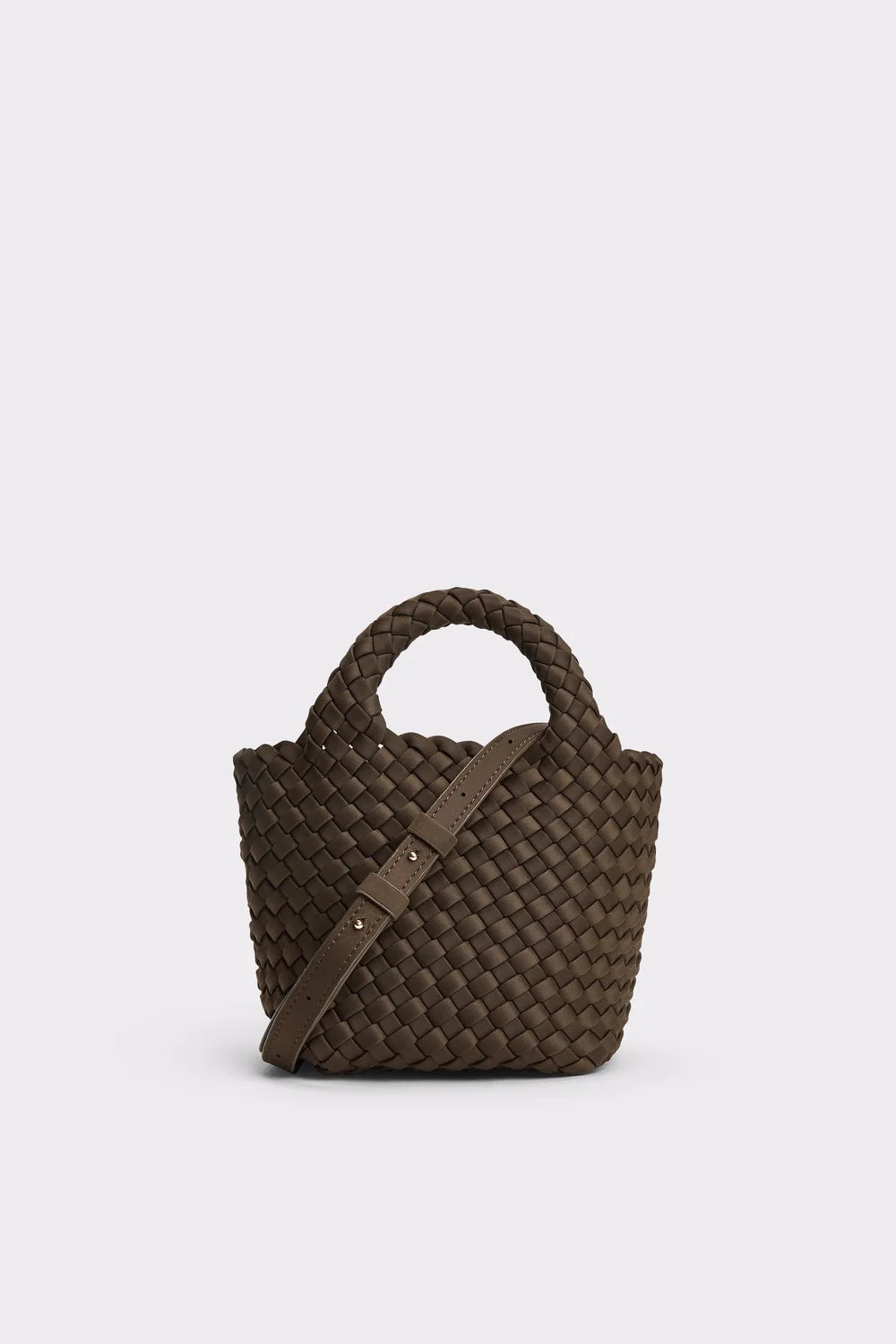 A dark brown woven leather handbag with a top handle and a diagonal shoulder strap, shown against a light gray background.
