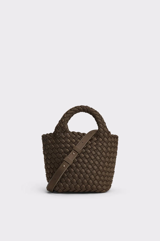 A dark brown woven leather handbag with a top handle and a diagonal shoulder strap, shown against a light gray background.