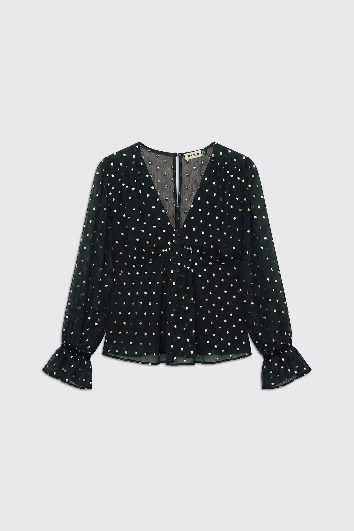 A black sheer long-sleeve blouse with a white polka dot pattern, featuring a V-neckline, front button closure, and ruffled cuffs, shown against a light gray background.