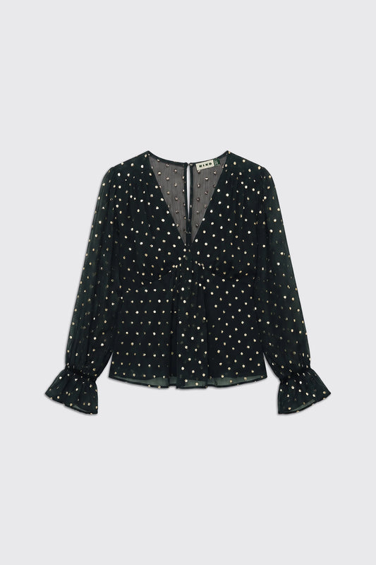 A black sheer long-sleeve blouse with a white polka dot pattern, featuring a V-neckline, front button closure, and ruffled cuffs, shown against a light gray background.