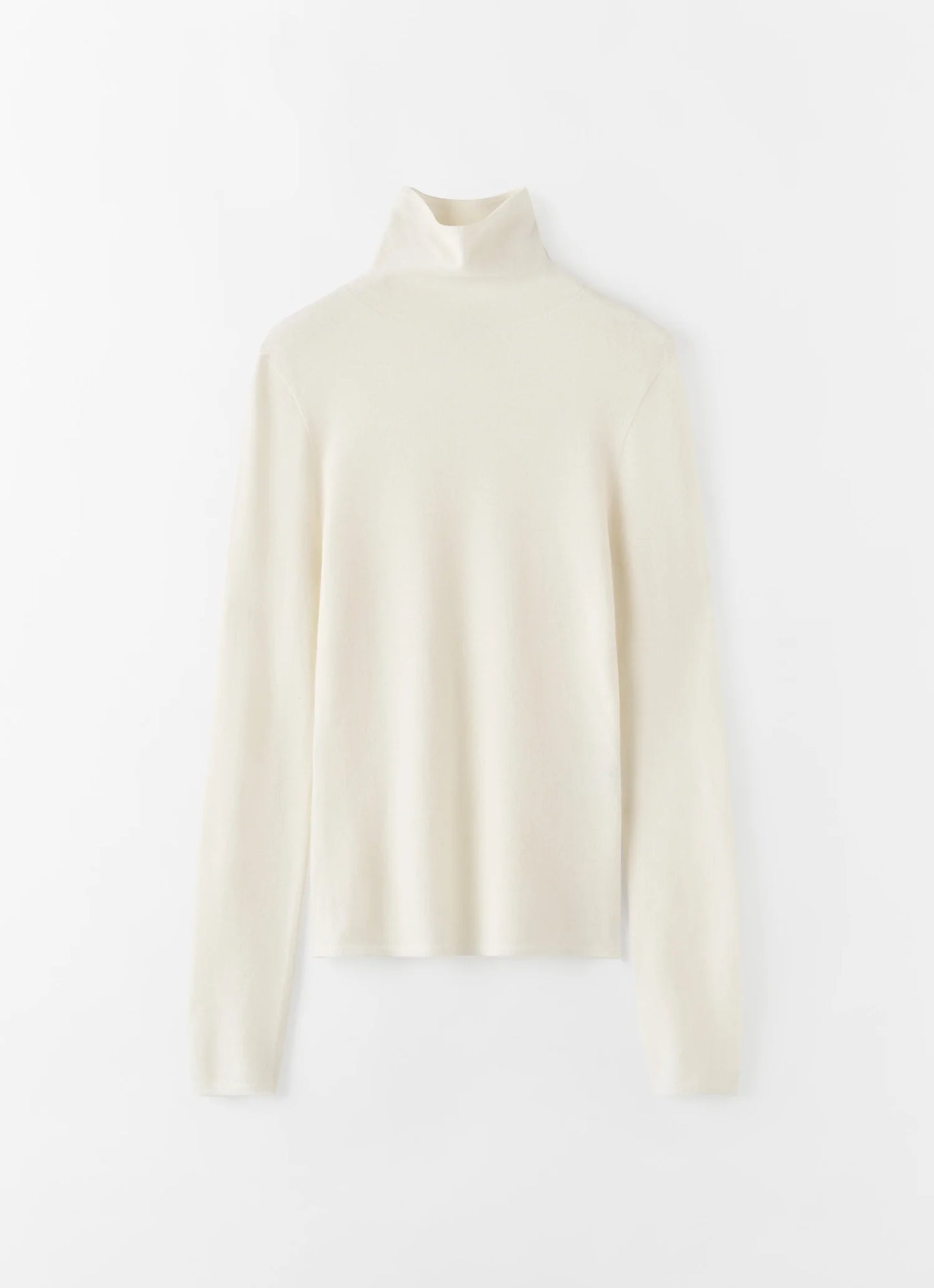 A cream-colored long-sleeve turtleneck sweater displayed against a plain white background.