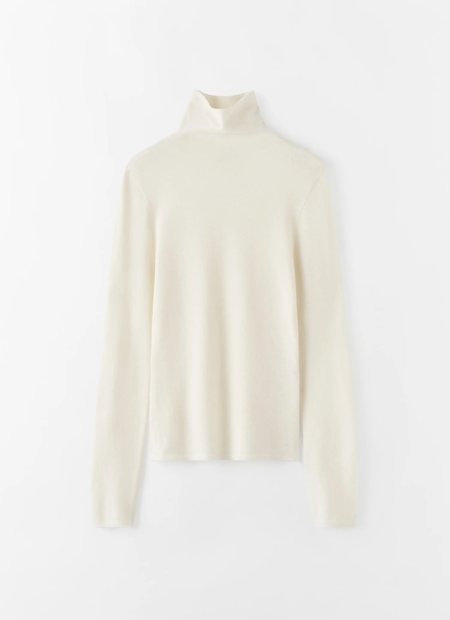 A cream-colored long-sleeve turtleneck sweater displayed against a plain white background.