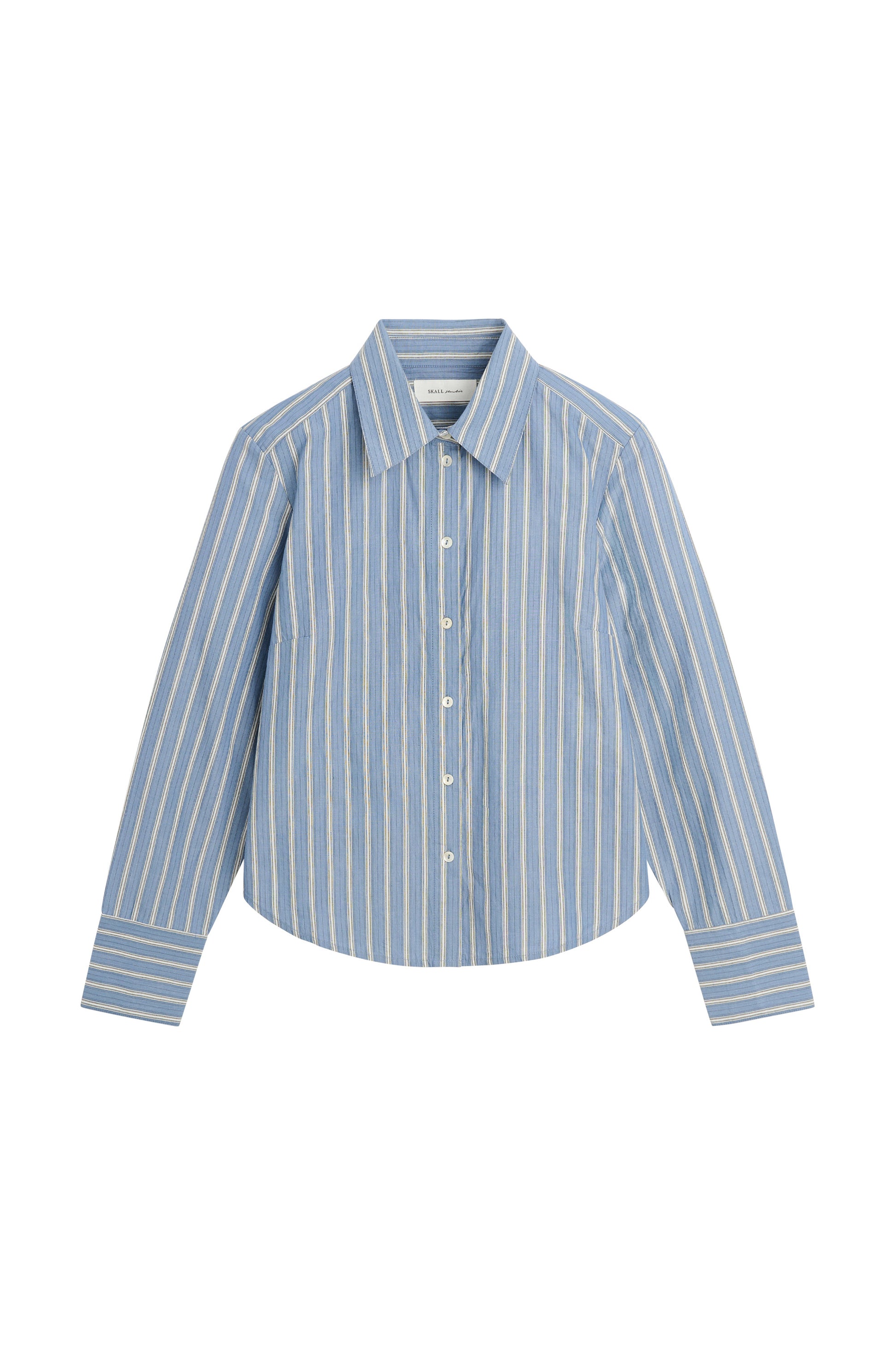 A light blue and white vertically striped button-down shirt with a pointed collar and long sleeves, shown flat against a plain white background.