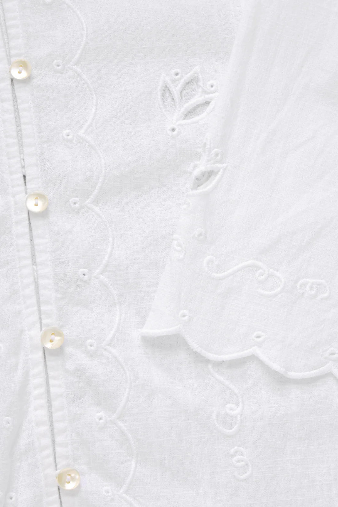 Close-up of a white embroidered garment with buttons.