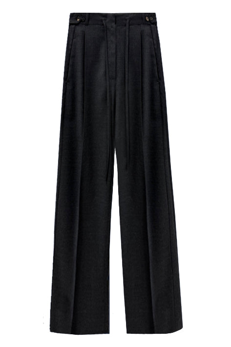 Black pleated pants on a white background