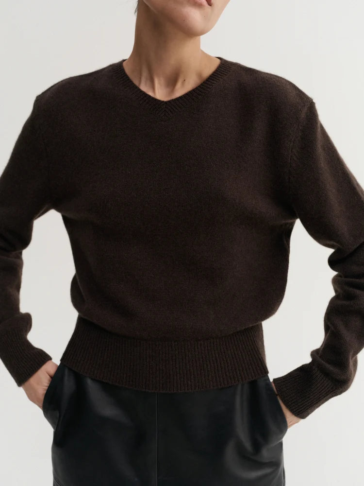 A close-up of a person wearing a dark brown knit sweater with a V-neck and ribbed hem and cuffs, paired with black pants, against a light gray studio background.