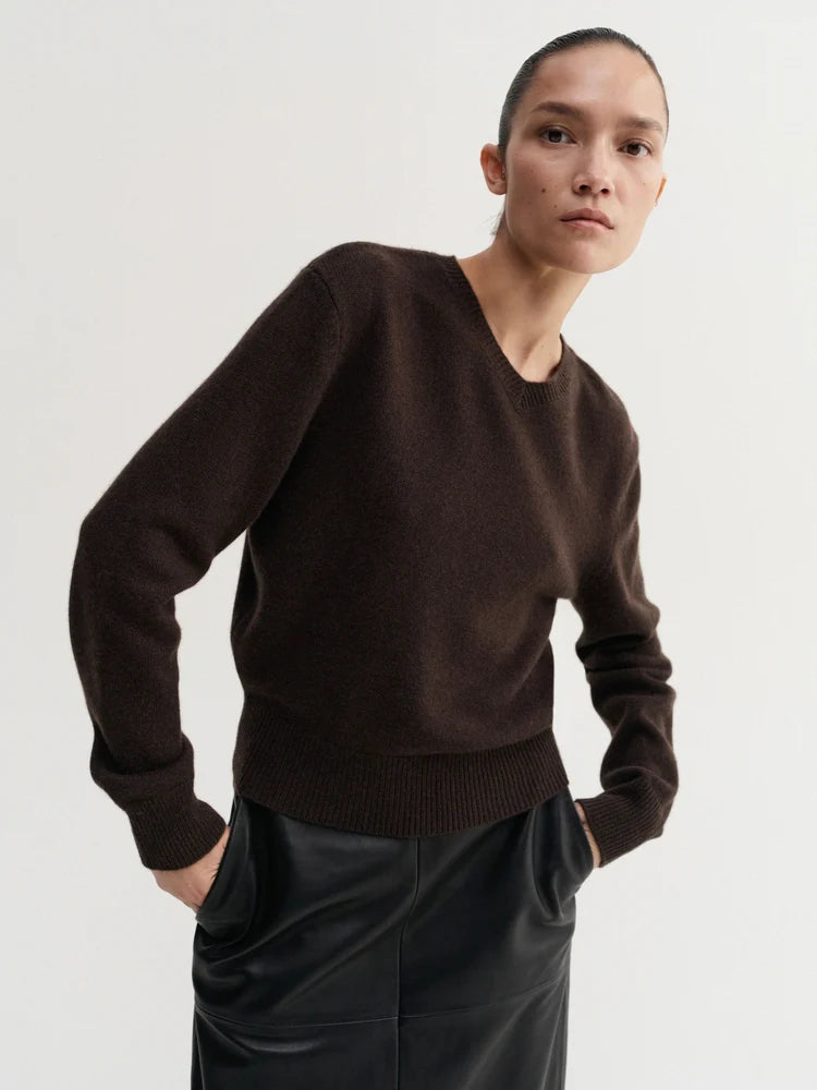 Person wearing a brown sweater on a plain background