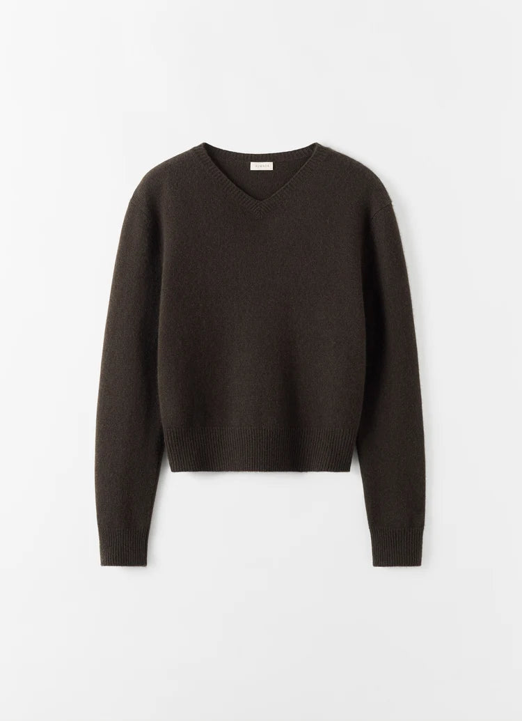 A dark brown cropped V-neck knit sweater with long sleeves, displayed flat against a clean white background.