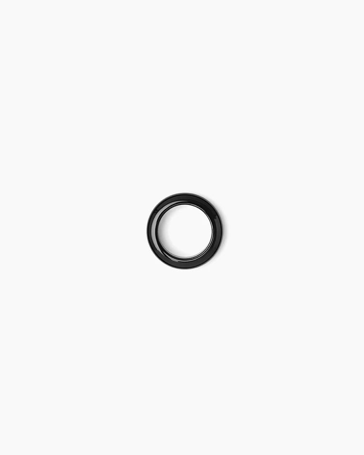 A single black circular ring or O-ring component centered on a plain white background.