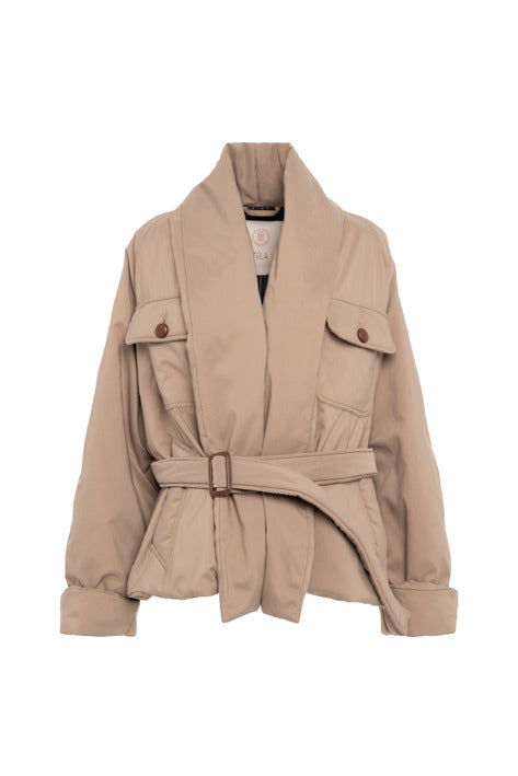 A beige belted jacket with a shawl collar, flap chest pockets, and button details, shown against a plain white background.