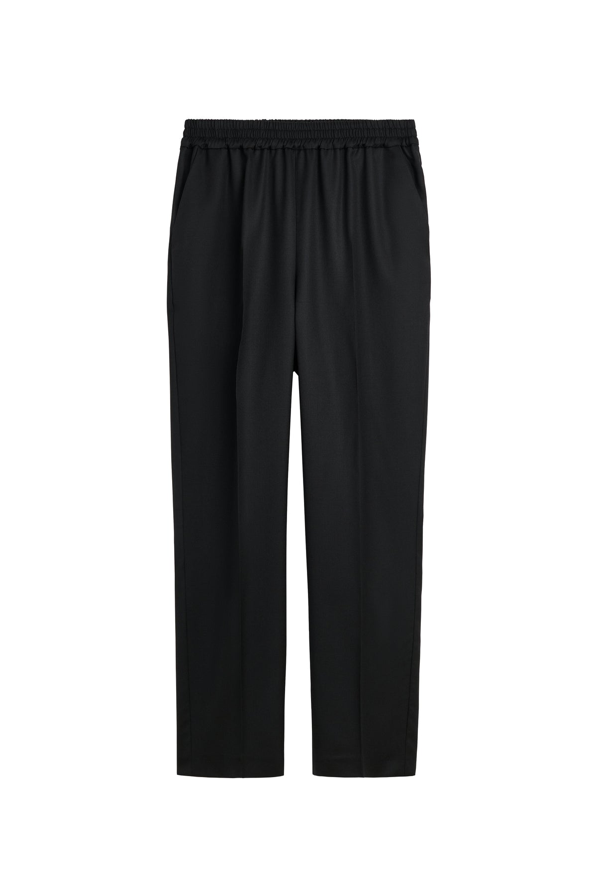 Black wide-leg cropped pants with an elastic waistband, shown flat against a solid white background.