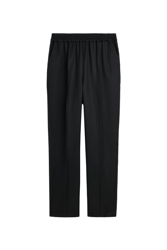 Black wide-leg cropped pants with an elastic waistband, shown flat against a solid white background.