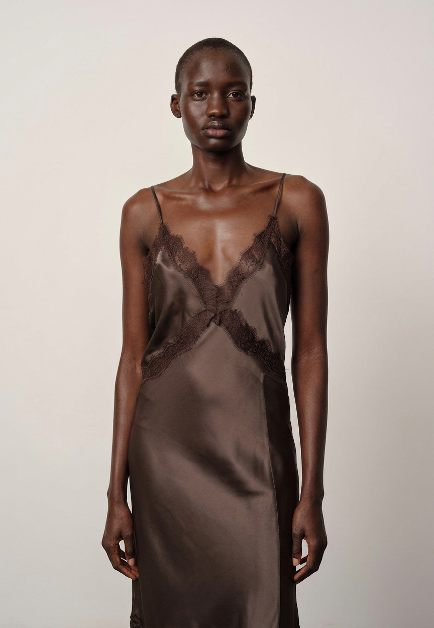 Model wearing a brown satin slip dress with lace details on a plain background