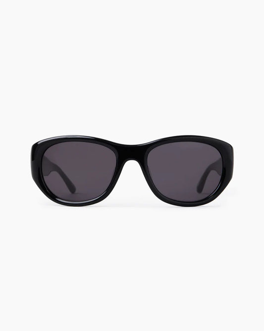 Black sunglasses with dark lenses on a white background