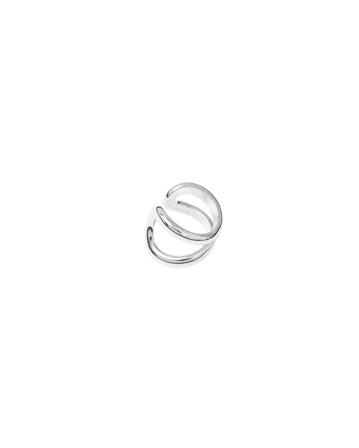 A polished silver-toned wrap ring with a minimalist, open spiral design, centered on a solid white background.