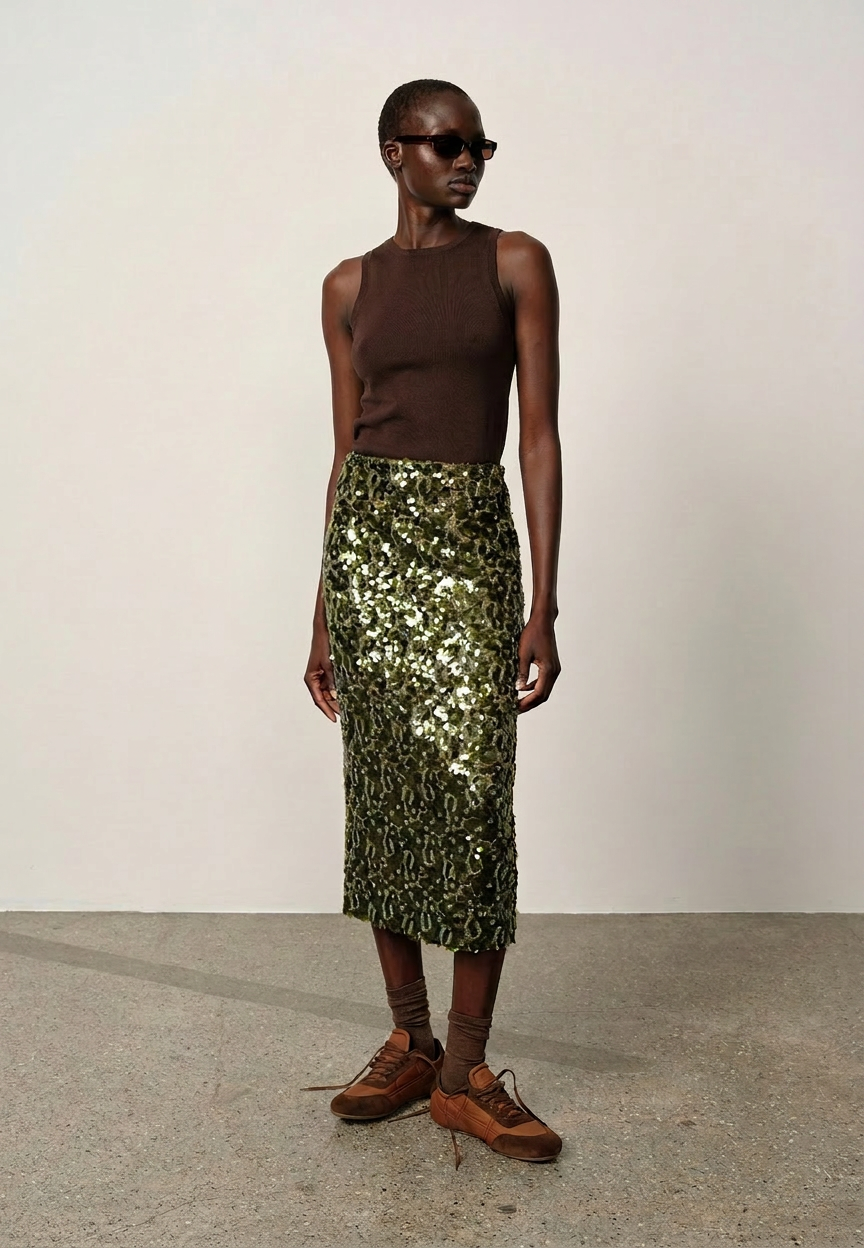 Person wearing a brown sleeveless top and green sequin skirt on a plain background