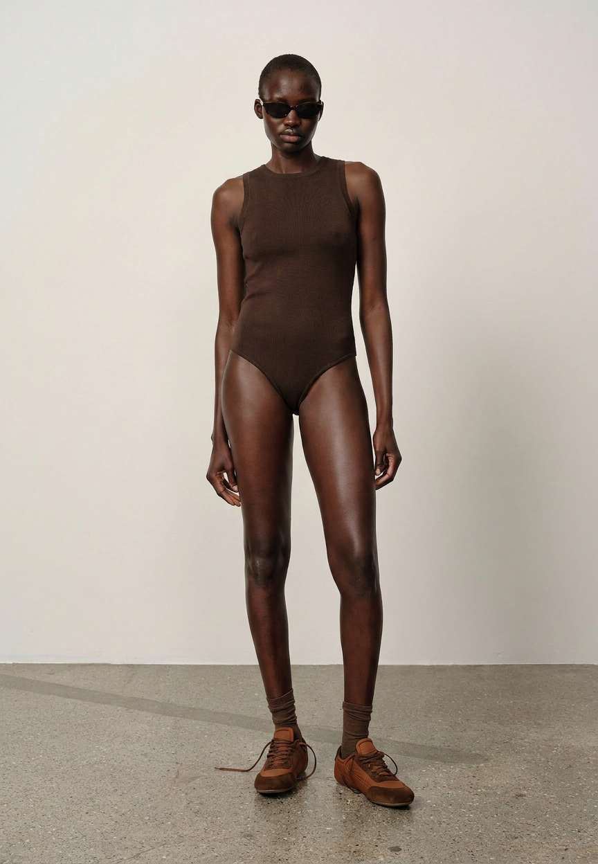Person wearing a brown bodysuit and shoes against a plain background