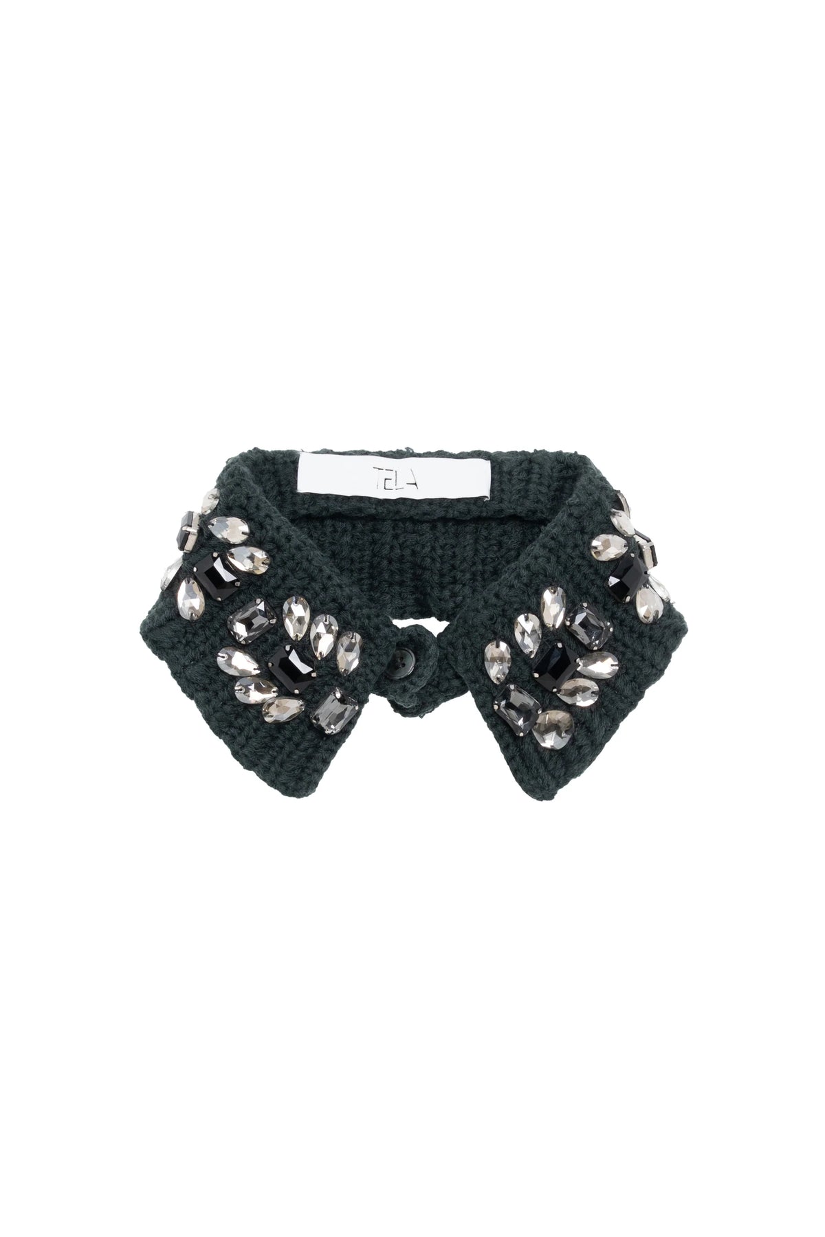 A dark green knit collar embellished with silver rhinestones, shown against a plain white background.