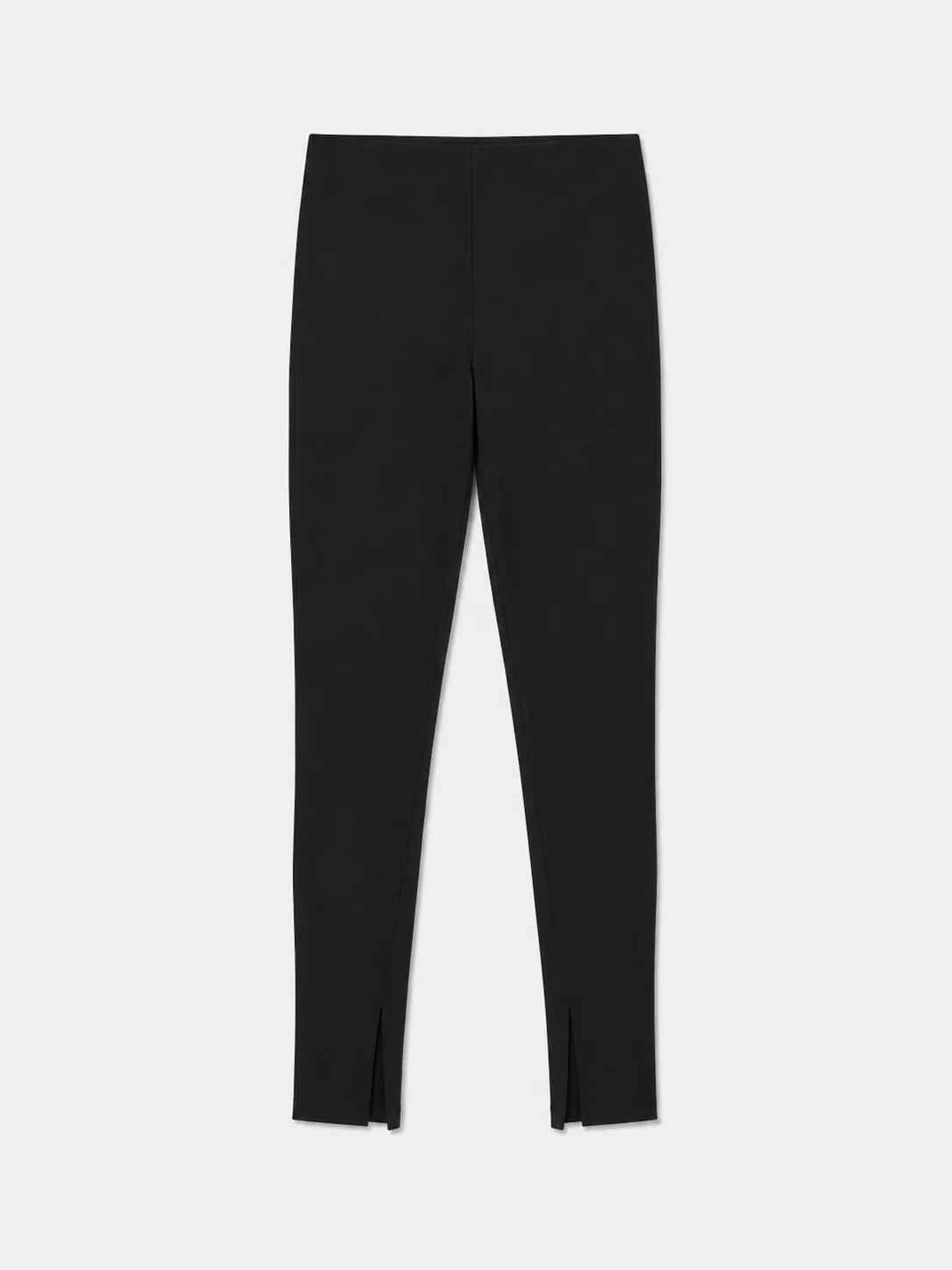 Black slim-fit cropped leggings with front slits at the ankles, shown flat against a light gray background.