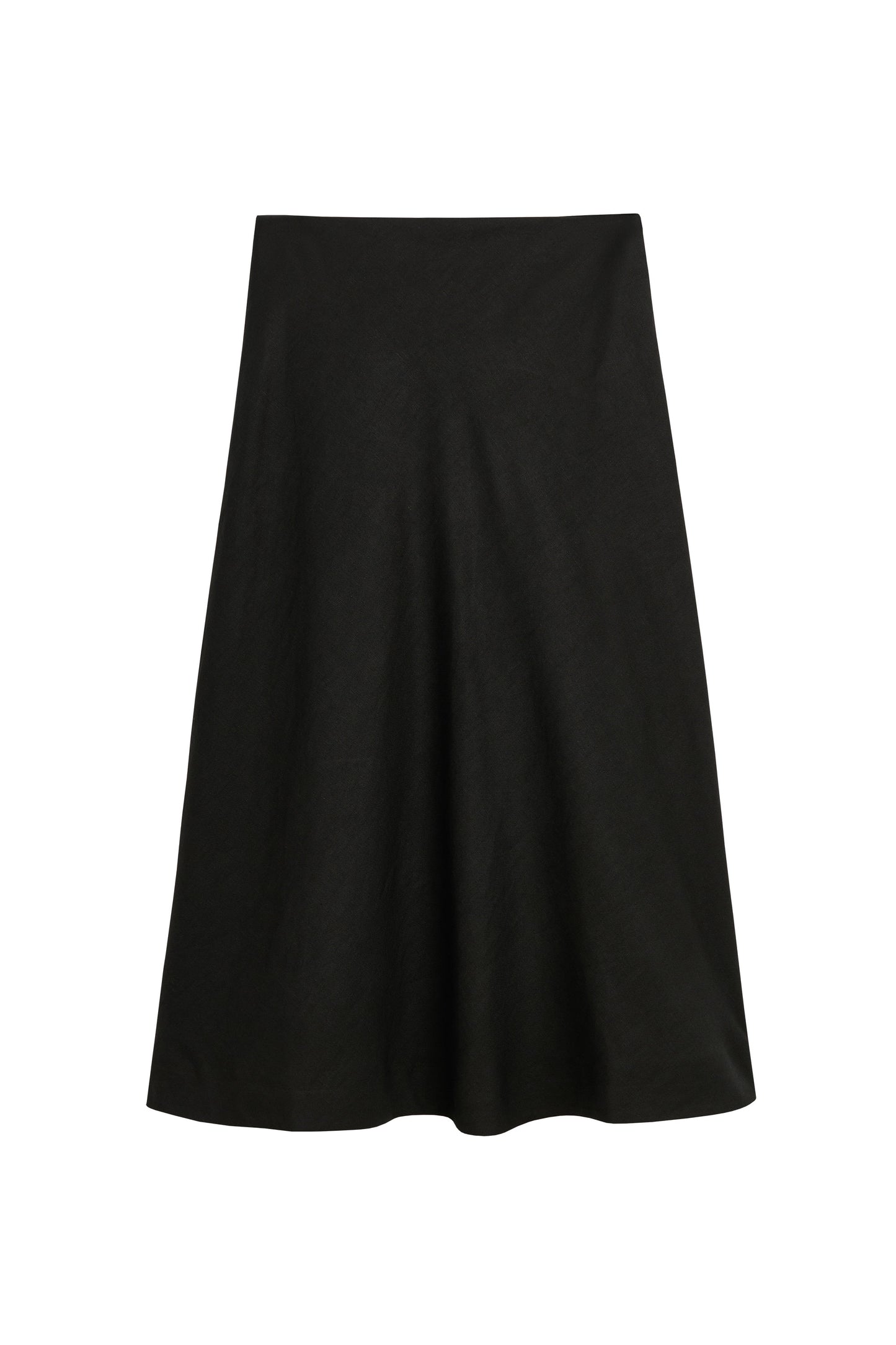 A solid black A-line midi skirt with a flared silhouette, shown flat against a plain white background.