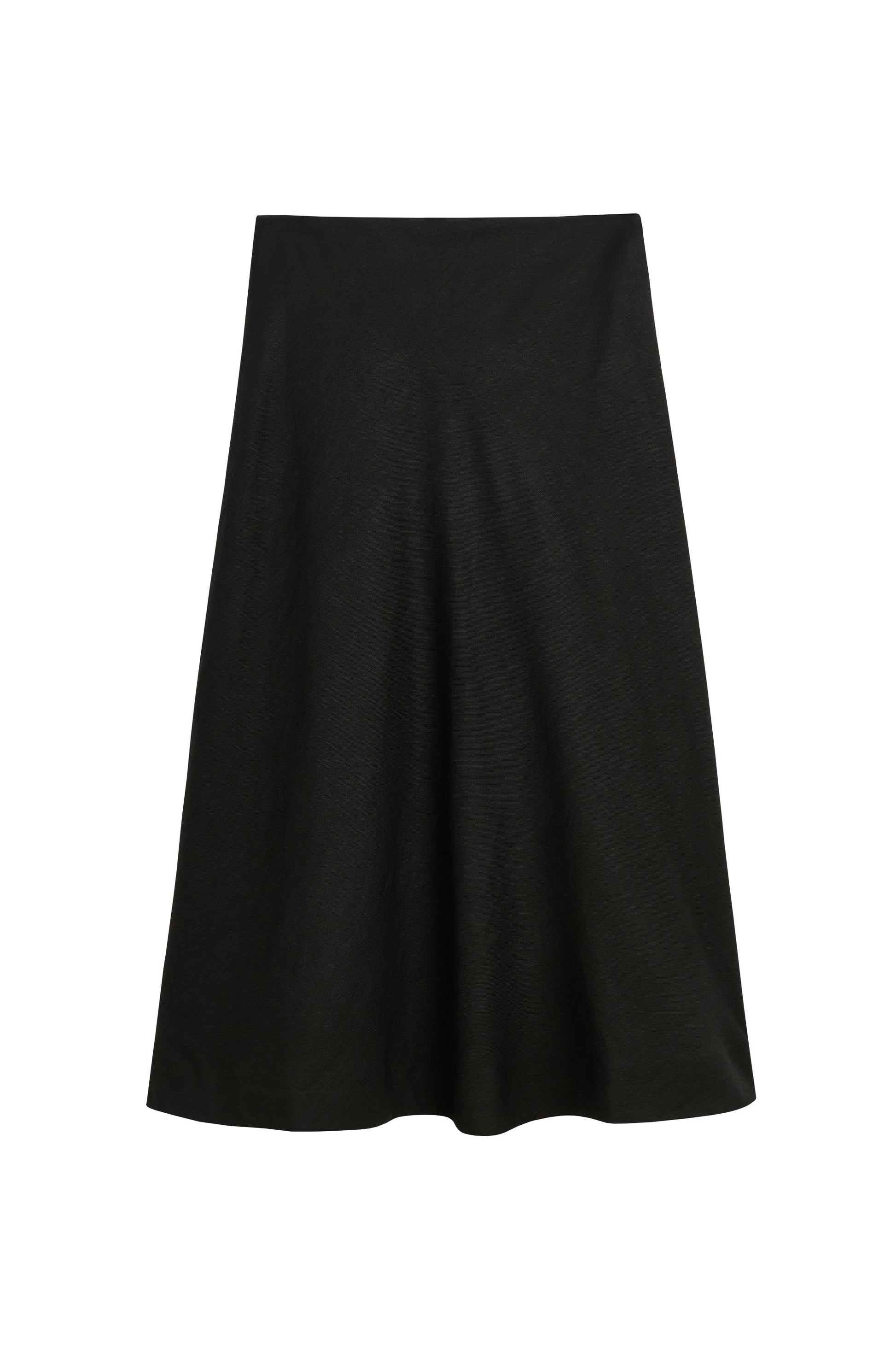A solid black A-line midi skirt with a flared silhouette, shown flat against a plain white background.