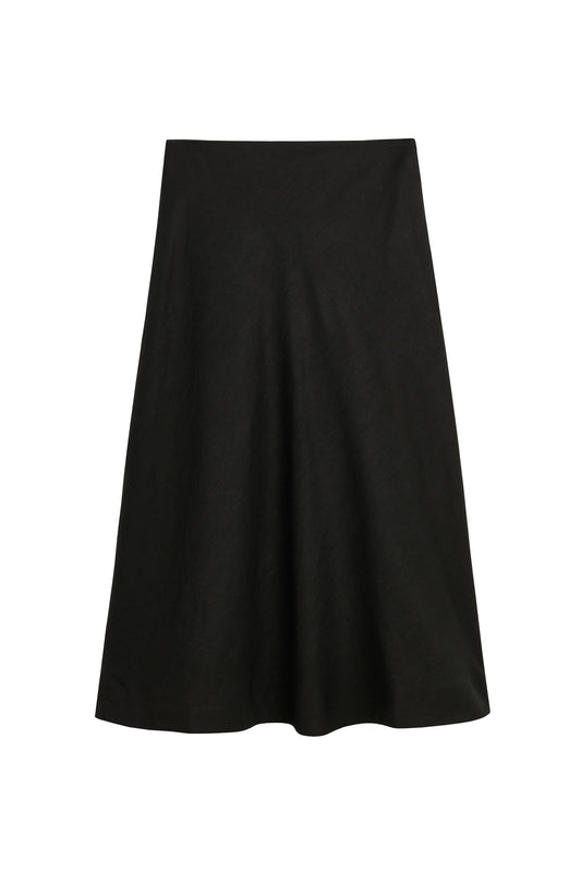 A solid black A-line midi skirt with a flared silhouette, shown flat against a plain white background.