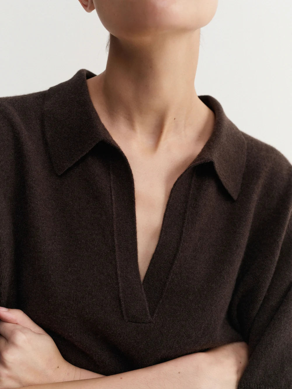 Close-up of a person wearing a brown shirt with a deep neckline.