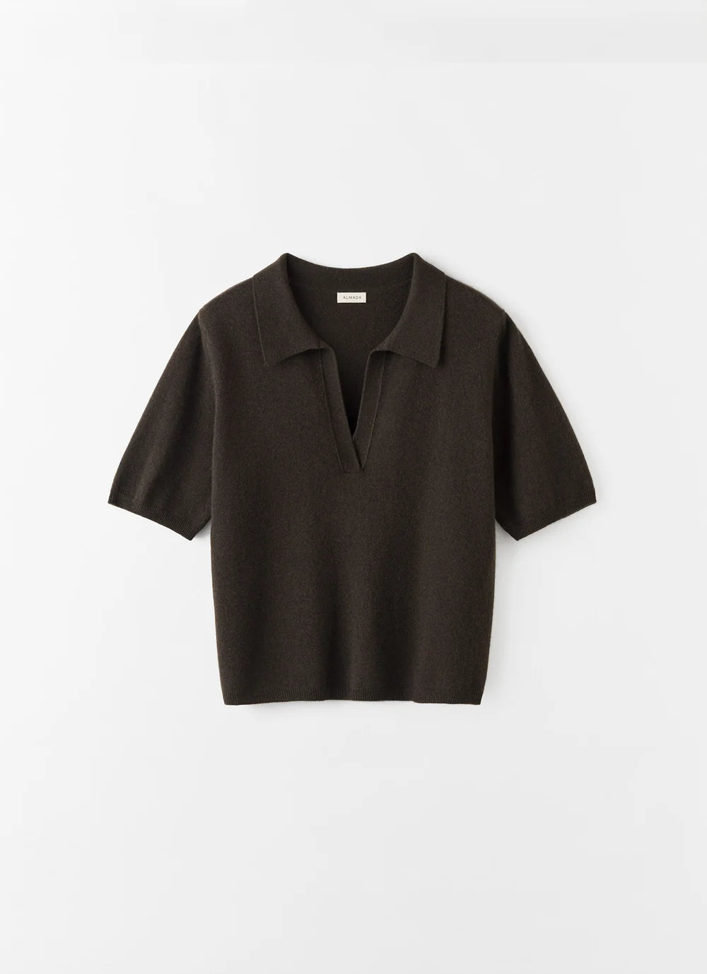 A dark brown short-sleeve knit polo shirt with a split V-neck, displayed flat against a clean white background.