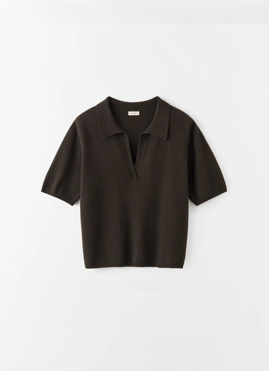 A dark brown short-sleeve knit polo shirt with a split V-neck, displayed flat against a clean white background.