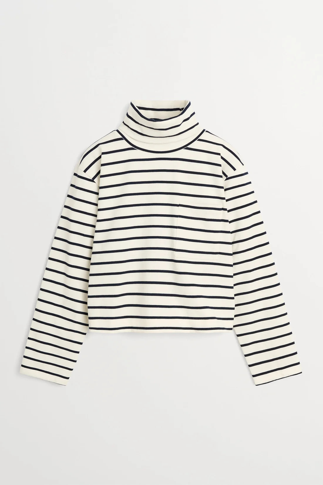 A long-sleeve knit turtleneck sweater with horizontal black stripes on an off-white background, displayed flat against a light gray background.