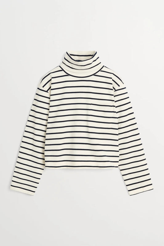 A long-sleeve knit turtleneck sweater with horizontal black stripes on an off-white background, displayed flat against a light gray background.
