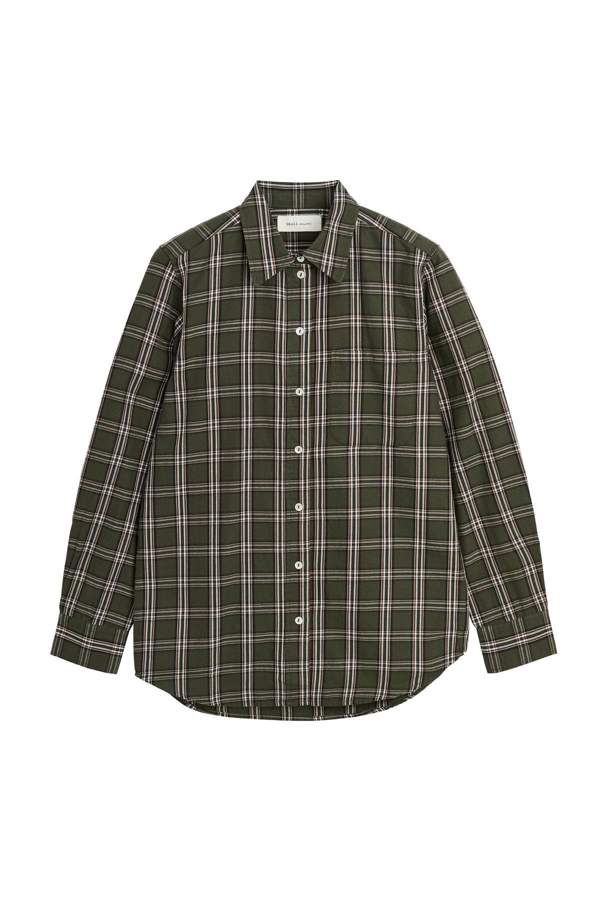 A long-sleeve button-up shirt in dark olive green with a white and light brown plaid pattern, shown flat against a white background.