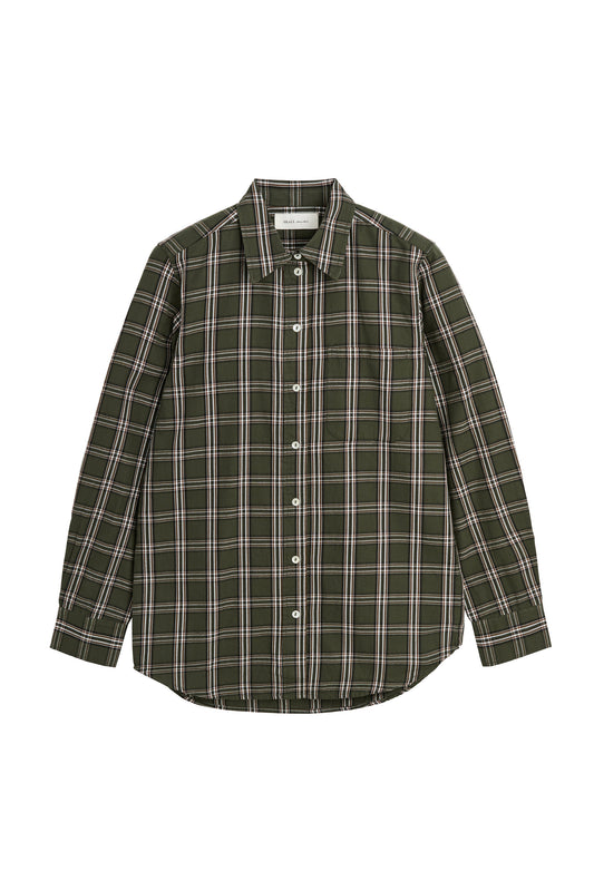 A long-sleeve button-up shirt in dark olive green with a white and light brown plaid pattern, shown flat against a white background.