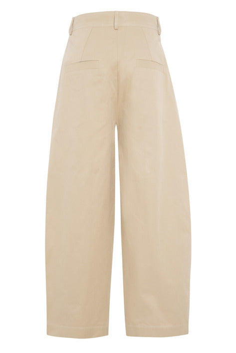 A pair of high-waisted, wide-leg cropped pants in a light beige or khaki color, shown from the back on a plain white background.